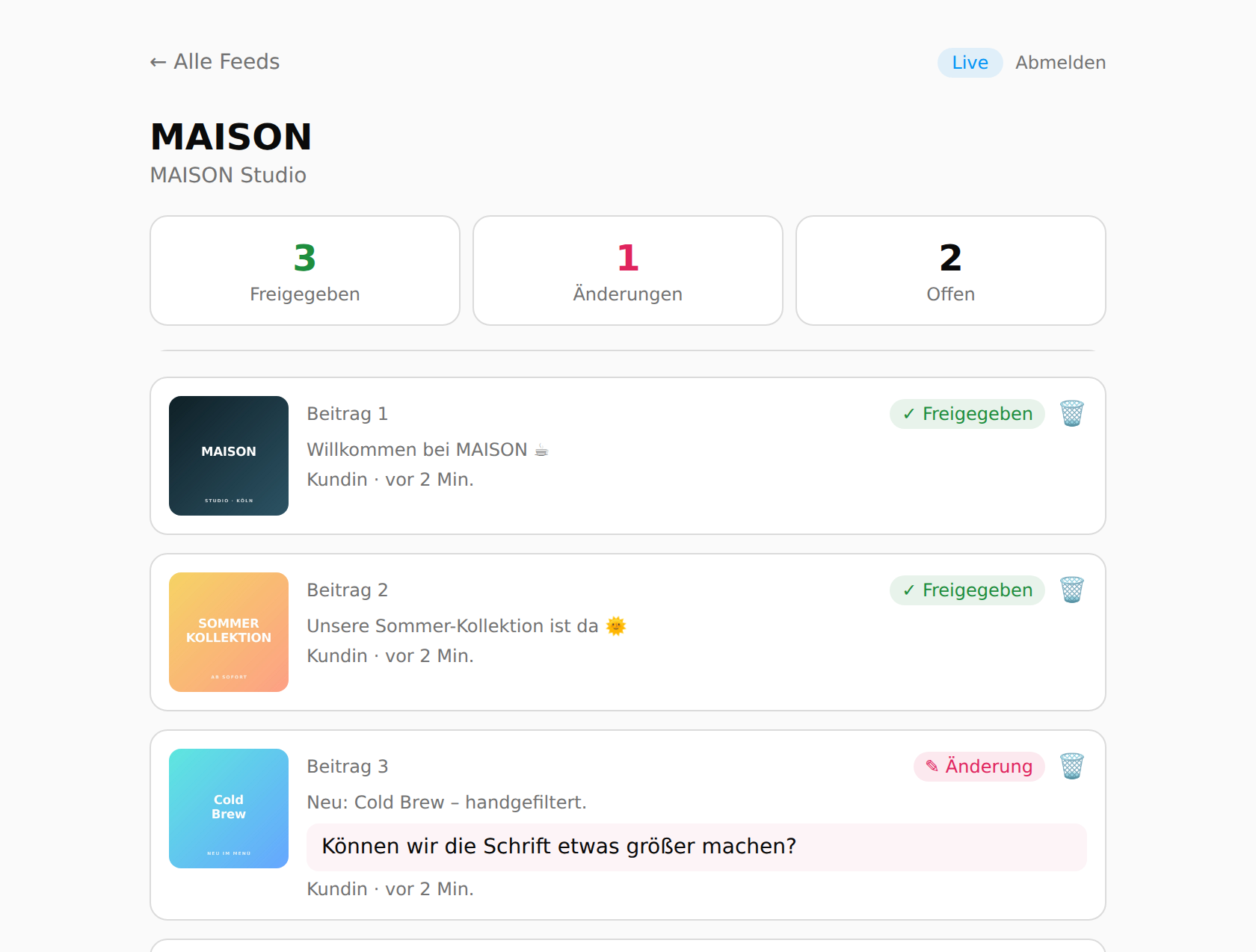 Team-Dashboard mit Freigaben und Änderungswünschen